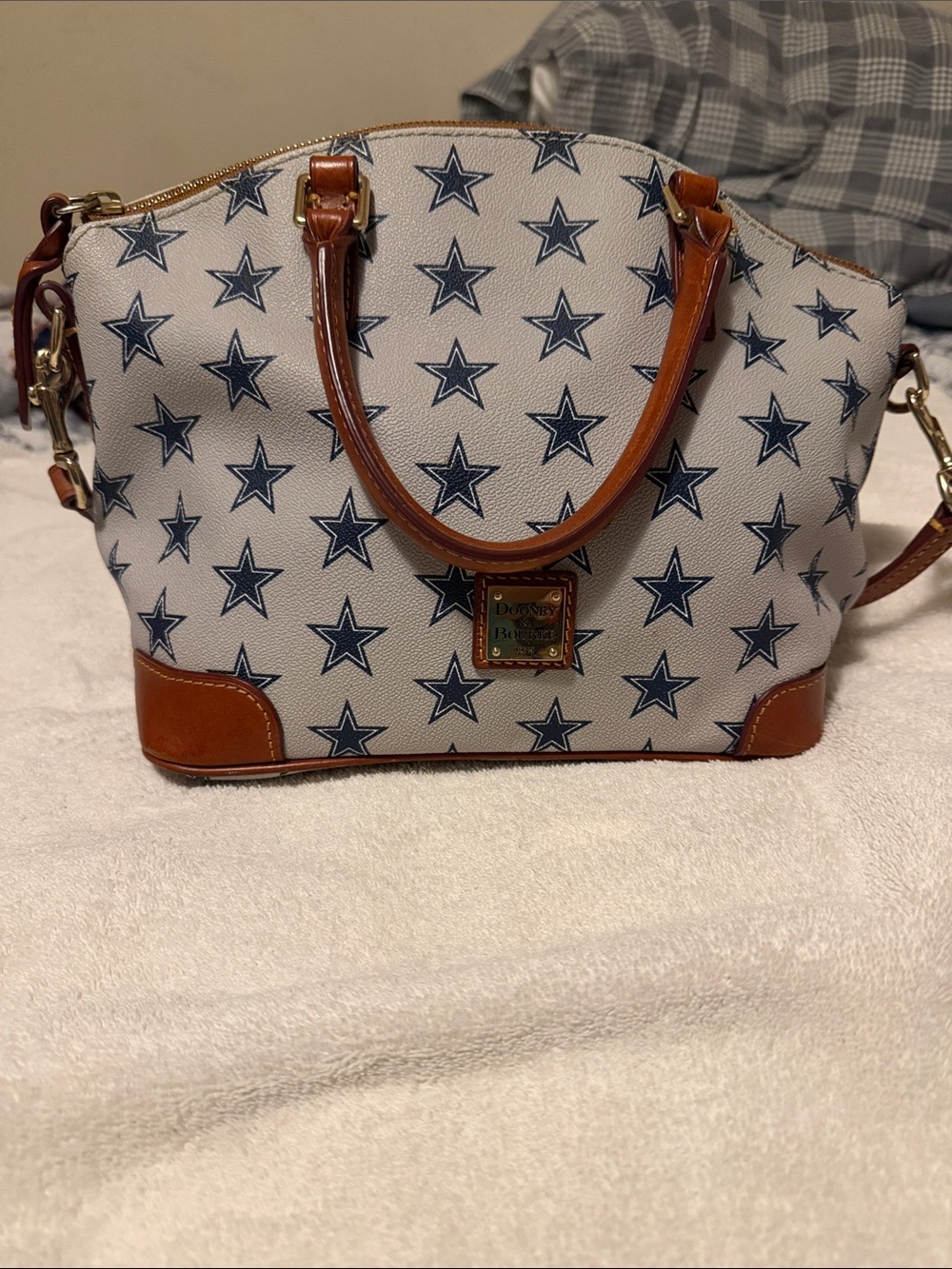 Dooney & Bourke White Star Print Crossbody Satchel with Brown Trim